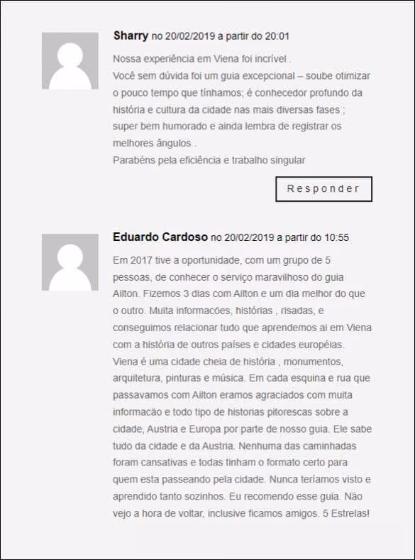 Depoimento de Sharry: "Nossa experiência em Viena foi incrível. Você sem dúvida foi um guia excepcional — soube otimizar o pouco tempo que tínhamos; é conhecedor profundo da história e cultura da cidade nas mais diversas fases; super bem-humorado e ainda lembra de registrar os melhores ângulos."